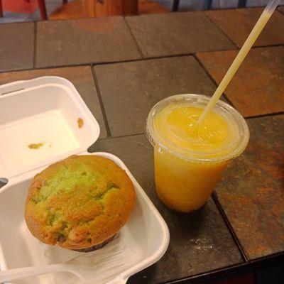 Specialty muffin (pistachio) and mango smoothie