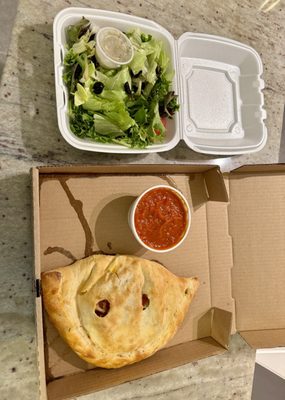 House salad + calzone with pepperoni, broccoli, sun dried tomatoes, and roasted red peppers