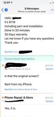 Email where they said that they will install an OEM screen which they never did...