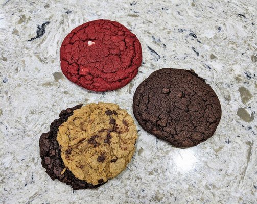 12/16/21 Sweet Virginia's: Red Velvet White Chocolate Chip Cookie, Double Chocolate Brownie Cookie, The Brookie