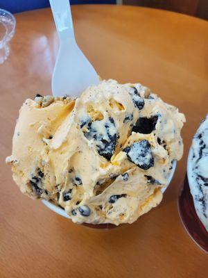 Orange ice cream with Oreos and cookie dough