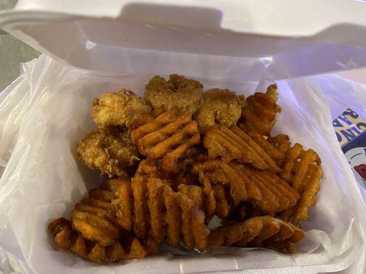 Fried Shrimps and Sweet Potato Waffle Fries