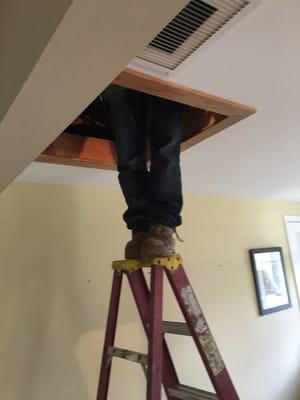 Who's legs?  Just one of the senior technicians, at JR Michalski Heating and A/C , installing a new central air system in Newtown PA!