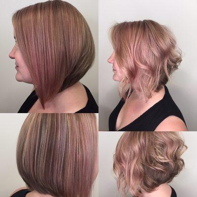 New cut with rose gold and pink highlights for Regina. Blown dry straight then flat iron curled for a fun style.