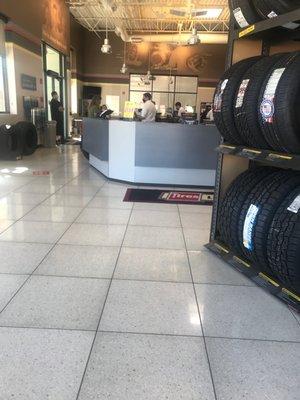 Waiting for a tire repair in the lobby