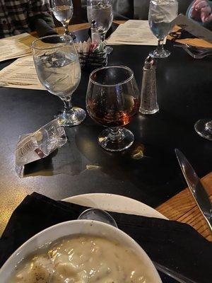 Clam chowder with a shot of Woodfords Reserve. Nice combo to start!