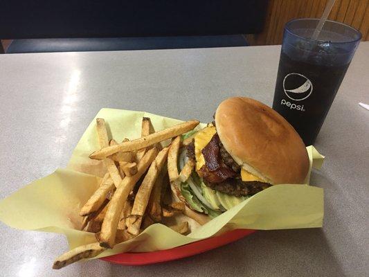 Double cheese bacon burger with avocados, TLPO, mayo, mustard and ketchup ! Also a side of fries !