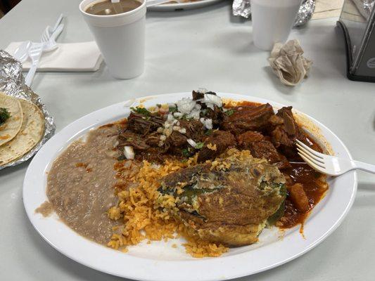 Barbacoa, Chile relleno, and beef short ribs in guajillo chili sauce