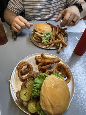 Chicken fried steak sandwich with fries/onion rings