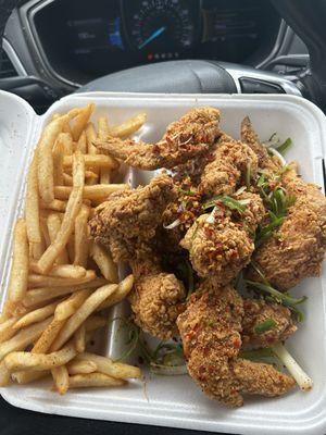 Salt and pepper wings with fries