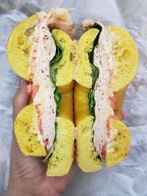 #14 Maple Honey Turkey Breast, Monterey Jack Cheese, Lettuce, Tomato, Honey Mustard (on an Egg Bagel)