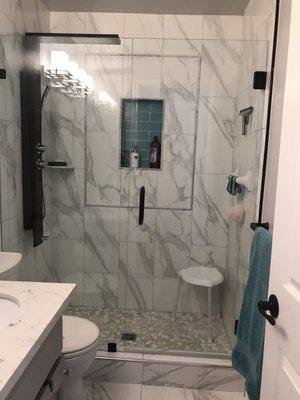 My new master bathroom with my new frameless shower door.