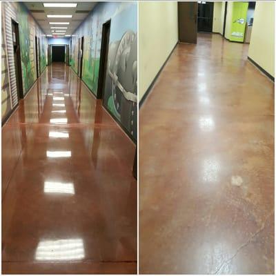 Church flooring before and after polished concrete in Houston, Tx