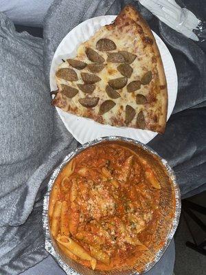 Penne Pasta with Vodka Sauce and a single slice with sausage