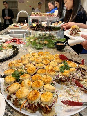 Fried chicken biscuits, spring rolls, portobello skewers, and mini loaded potatoes