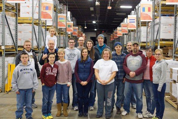 Service project at World Vision, packing boxes of clothing to send to kids in other countries.