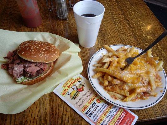 Pastrami burger with green chili fries.