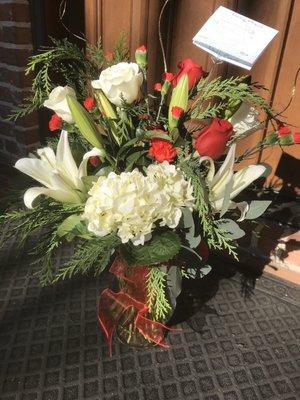 Fresh cut, seasonal arrangement at doorstep