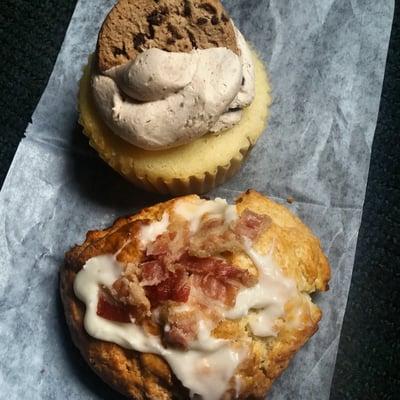 Wowza! Cookie Dough cupcake and maple bacon scone. Ah-may-zing!!!