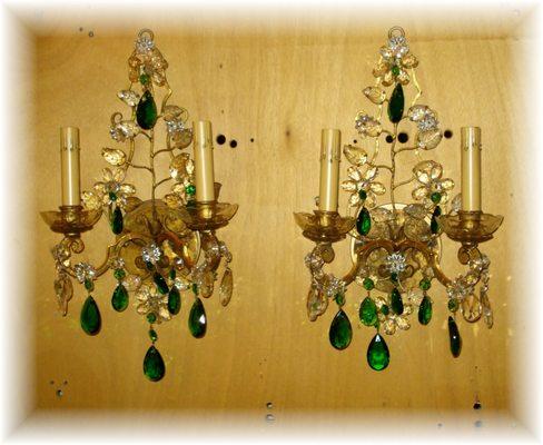 Pair of c. 1940 brass sconces with original green and clear crystals