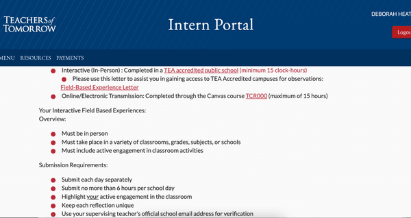 Intern portal requirements for FBE listed