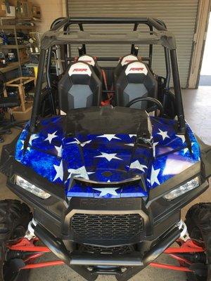 Front end wrap on Polaris UTV with original factory plastics, NO aftermarket parts.