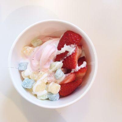 Strawberry yogurt with mochi, strawberries, and marshmallow drizzle