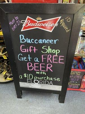 Free beer with $10+ purchase (age 21+, ID required)