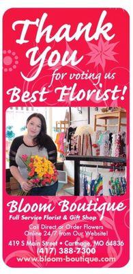 Bloom Boutique was voted best Florist by the readers of the Carthage Press