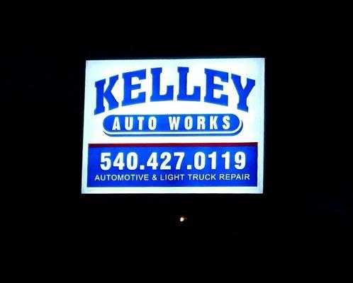 Kelley Auto Works Sign Lit Up!