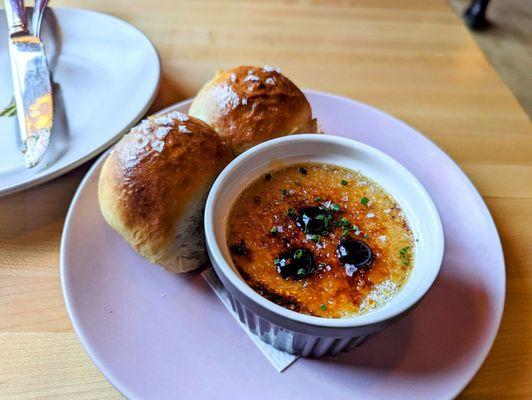 Bruleed Foie Gras Custard - milk bread, Mick Klug blueberry jam