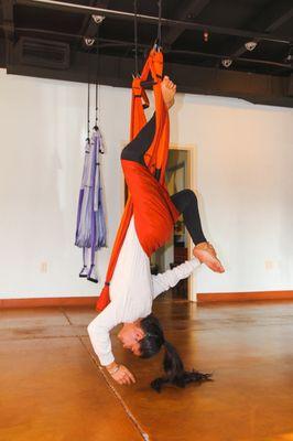 Amanda in a Trapeze yoga class