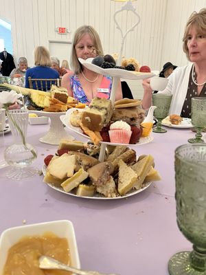 Messy high tea presentation with leaning tower. We were afraid it would fall if we took the food off.