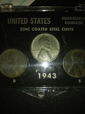 United state zinc coated steel cents wheat penny 1943 S D P on each one i call pawn star .he told me i needed to ask someone closer to me ..