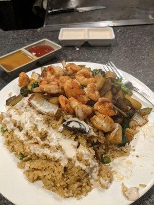 Steak and shrimp (pre-steak) with double veggies and fried rice