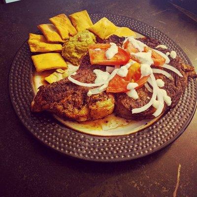 Sous vide ribeye with tzatziki , curry babaganoush