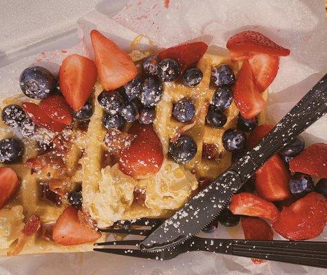 Maple Bacon Beignet Waffles served with crispy Tots. Eat.Smile.Repeat.