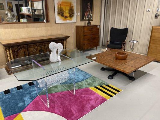 Lucite dining table, teak coffee table with original receipt from Denmark.