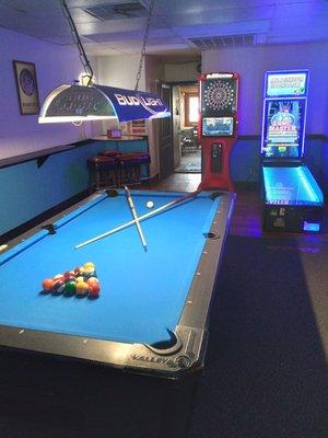 Fun back room, connected right to the bar.  Lots of dart and pool leagues here!