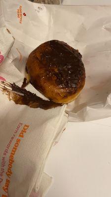 This was the way my Boston Crème was placed in my bag this morning with more chocolate in the napkins than the doughnut itself