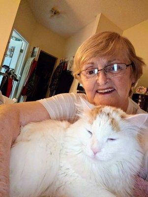 Me & my beloved cat saved from Shelter. He & I have exact birthday,79 years apart. It was carmah. I was so lonely before Cinnamon.