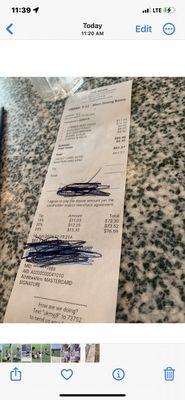 Our receipt with wrong tip percentages.