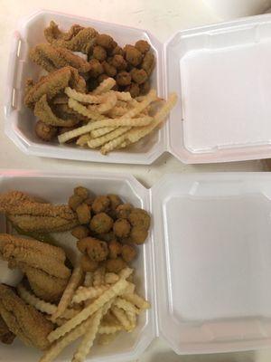 Cat fish filets, fried okra, French fries, hush puppies, bread, pickle and onion!