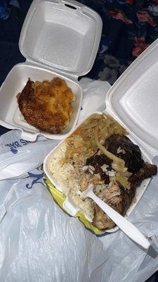 Jerk chicken Cabbage Rice  Baked macaroni and cheese