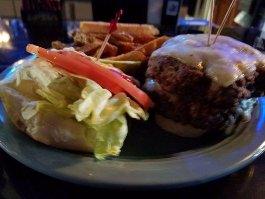 The standard double cheeseburger, this one with pepper jack cheese.