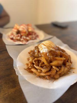 Delicious funnel cakes! (Peach cobbler and strawberry cheesecake)