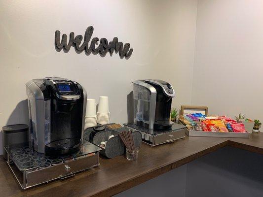 Clients are welcome to a fresh cup of coffee and some snacks