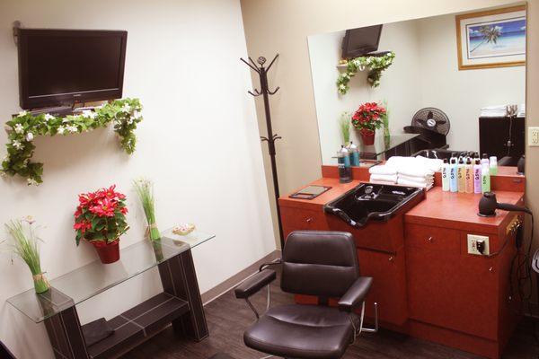 Have your hair replacement system or hair extensions done in a private styling rooms with our professional hair stylists