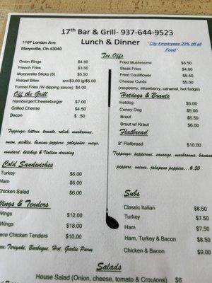 Menu for lunch and dinner