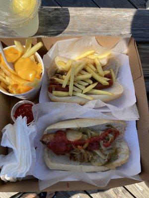 Italian hot dog (top),  hot sausage (bottom), and cheese fries